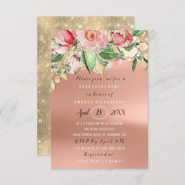 Möhippa Flower Brunch Grönt Guld Ro  Inbjudningar (Fram/baksida)