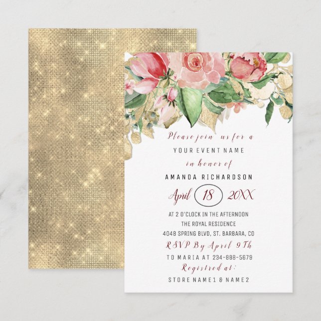 Möhippa Flower Brunch Grönt Guld Ro White Inbjudningar (Fram/baksida)