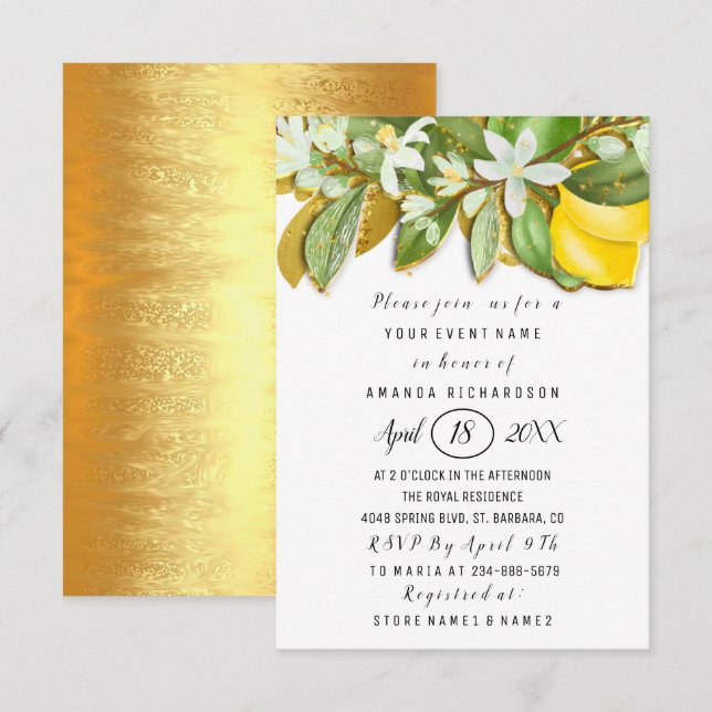 Möhippa Flower Brunch Lemon Träd Whites Inbjudningar (Fram/baksida)