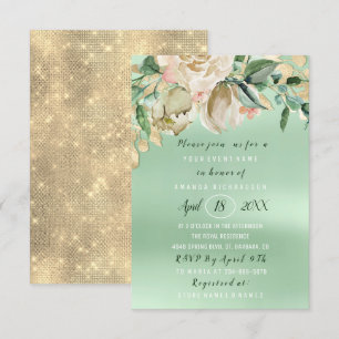 Möhippa Flower Brunch Mint Watercolor Guld Inbjudningar