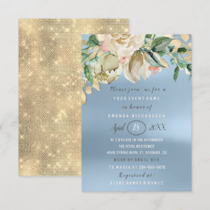 Möhippa Flower Brunch Spark Guld Blue Inbjudningar