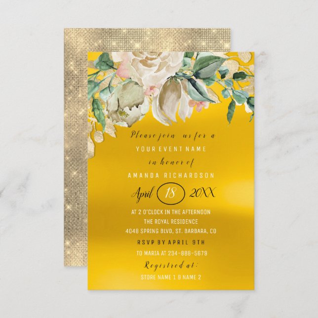 Möhippa Flower Brunch Spark Guld Lemon Inbjudningar (Fram/baksida)