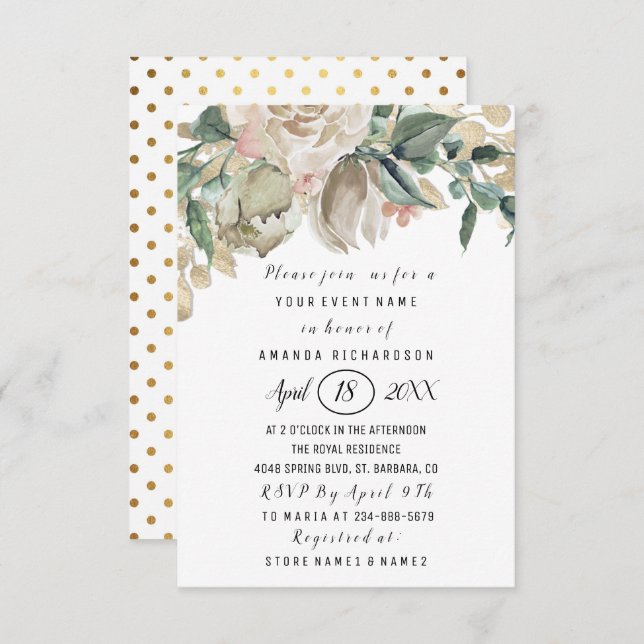 Möhippa Flower Greenery Guld Glitter Dots Inbjudningar (Fram/baksida)