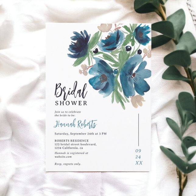 möhippa för blå bohemisk blommigt, vattenfärg inbjudningar (blue bohemian floral watercolor bridal shower invitation)