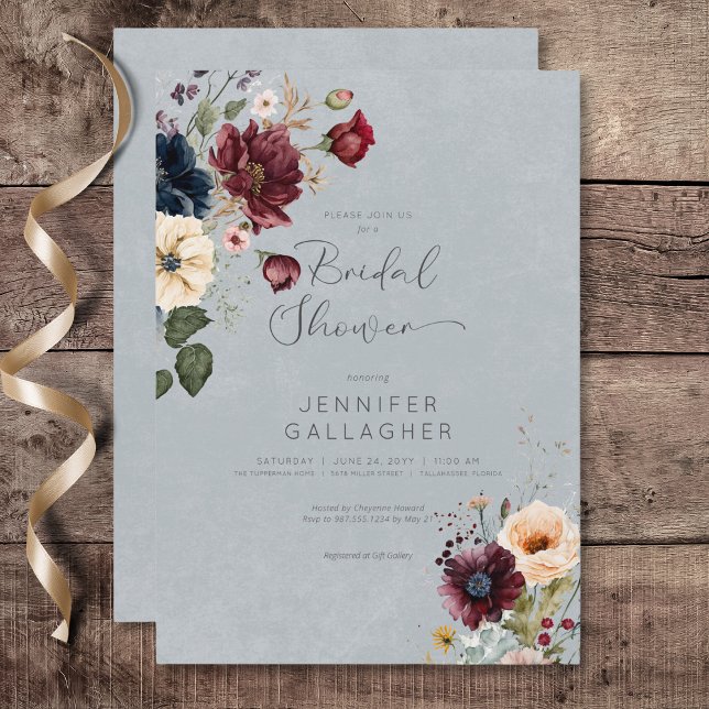 Möhippa för blå burgundy- och Cream-Blommigt Inbjudningar (Blue Burgundy & Cream Rustic Floral Bridal Shower Invitation)