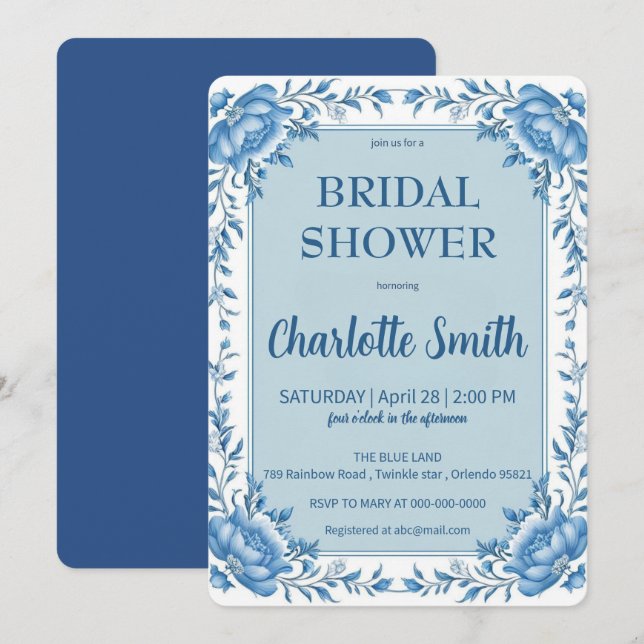 Möhippa för blå kinoiserie-blomma inbjudningar (Fram/baksida)