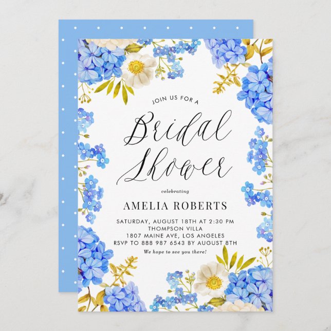 Möhippa för blå vattenfärg Hydrangea-Blommigt Inbjudningar (Fram/baksida)