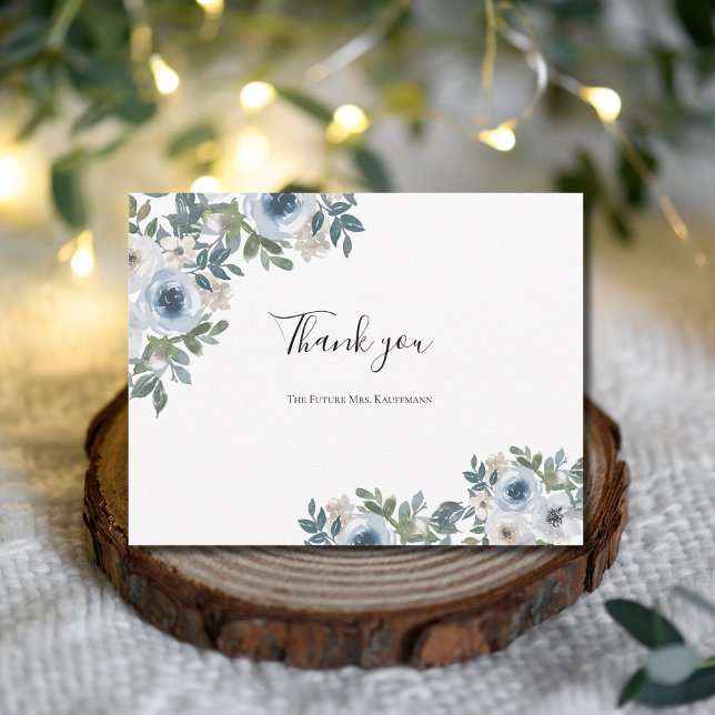 Möhippa för blå vit Blommigt vattenfärg Tack Kort (Blue white Watercolor Floral with Greenery Bridal Shower or Wedding Thank you card)