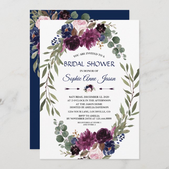 Möhippa för blått Blommigt i chic Lavender Navy Bl Inbjudningar (Fram/baksida)