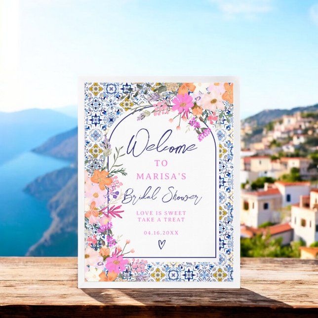 Möhippa för blommigt av blå  i italienska blått fä poster (Italian blue tile watercolor floral bridal welcome poster)