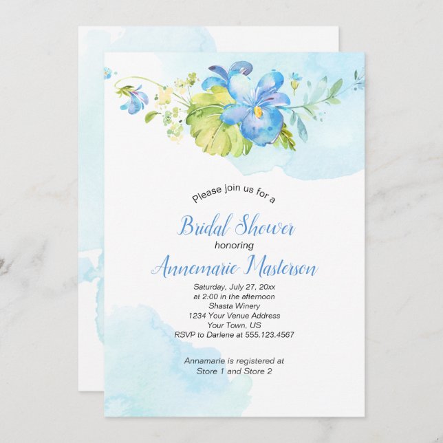 Möhippa för Blommigt av blå och vit vattenfärg Inbjudningar (Fram/baksida)