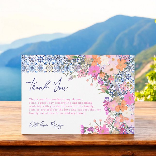 Möhippa för blommigt av blå plattor tack kort (Italian blue tiles watercolor floral bridal shower thank you card)