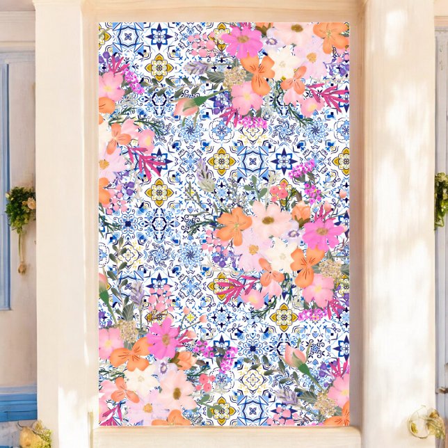 Möhippa för blommigt av blå vattenfärg i italiensk poster (Italian blue tile watercolor floral bridal poster)