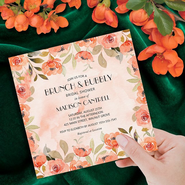 Möhippa för Blommigt av Brunch- och Bubly-Orange Inbjudningar (Brunch and Bubbly orange floral square bridal shower invitations)
