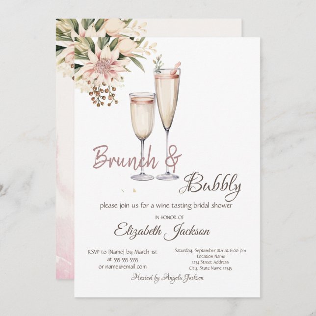 Möhippa för Blommigt av Brunch och Bubly Vin-glas Inbjudningar (Fram/baksida)