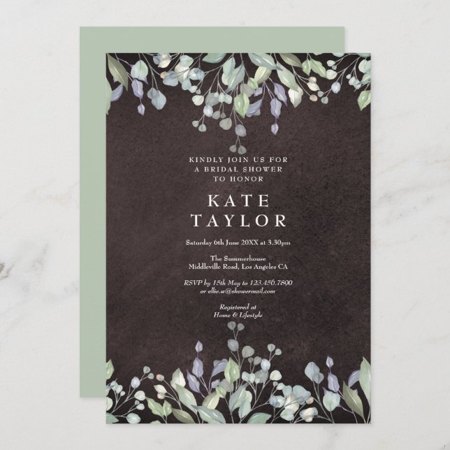 Möhippa för Blommigt av Chalkboard Sage och Lilac Inbjudningar (Fram/baksida)