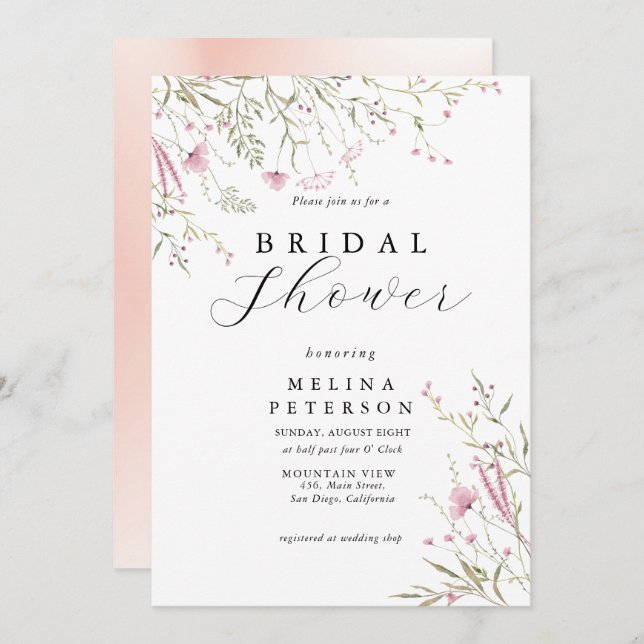 Möhippa för Blommigt av elegant Rosa Vild Inbjudningar (Fram/baksida)