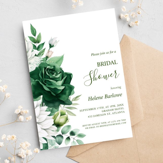 Möhippa för Blommigt av Emerald Grönt Modern Elega Inbjudningar (Emerald Green Modern Elegant Floral Bridal Shower Invitation)