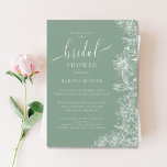 Möhippa för Blommigt av enkel Grönt Inbjudningar<br><div class="desc">Den här inbjudan innehåller vita linjeritade blommor och kalligrafi av anpassningsbarna. Den mjuka grönten färg är perfektens bakgrund för den här inbjudan.</div>