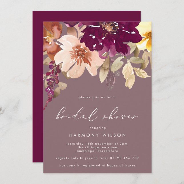 Möhippa för Blommigt av färgen Fall Plum Watercolo Inbjudningar (Fram/baksida)