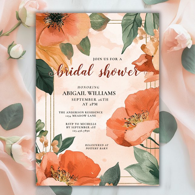 Möhippa för Blommigt av hornhinnan och Grönt Inbjudningar (Vibrant Coral Peach and Green Floral Bridal Shower Invitation)