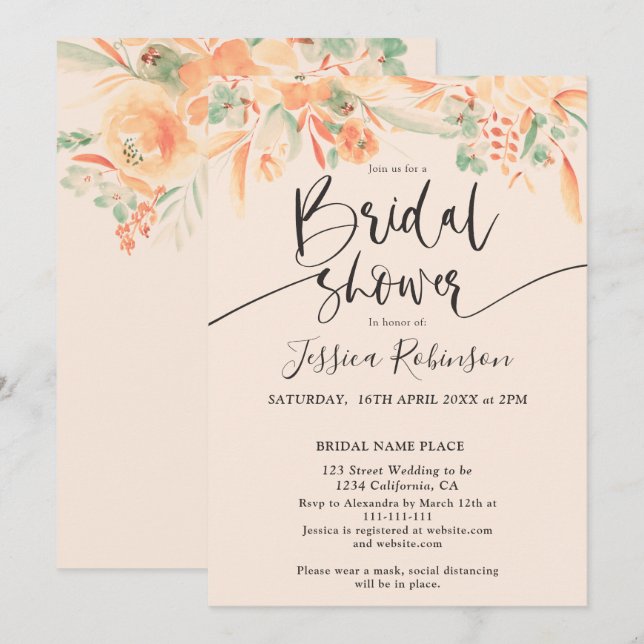 Möhippa för blommigt av koral grönt med vattenfärg inbjudningar (Fram/baksida)