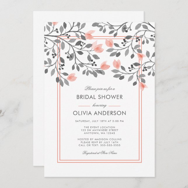 Möhippa för Blommigt av koraller och Grått Inbjudningar (Fram/baksida)