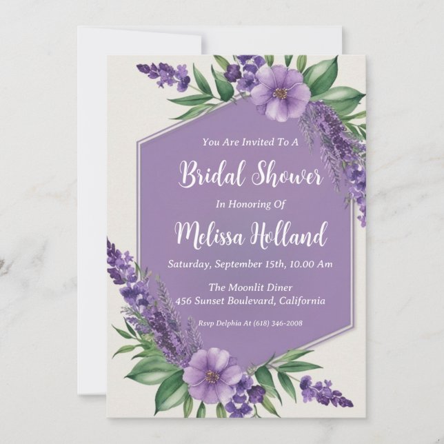 möhippa för blommigt av lavender Greenery lila Inbjudningar (Framsida)