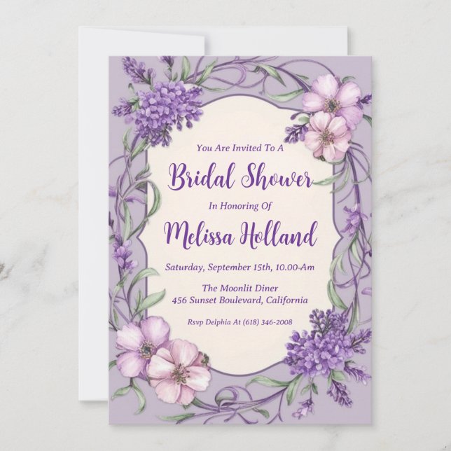 möhippa för blommigt av lavender Greenery lila Inbjudningar (Framsida)