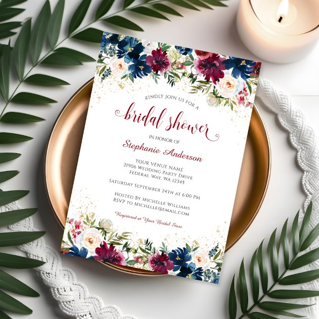 Möhippa för Blommigt av marktäckningsfärg för mark Inbjudningar (Navy Burgundy Watercolor Floral Bridal Shower Invitation)