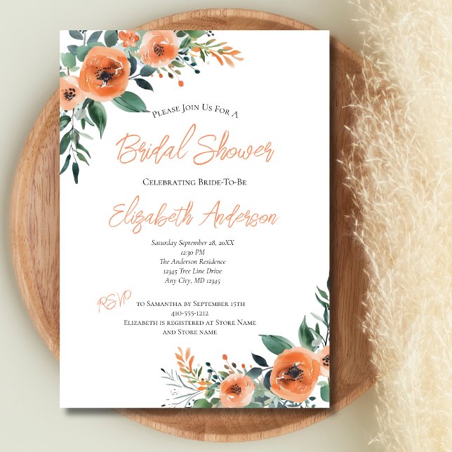 Möhippa för Blommigt av persikofärgad Elegant Inbjudningar (Peach Floral Watercolor Bridal Shower Invitation. Printed or Instant Digital Download.)