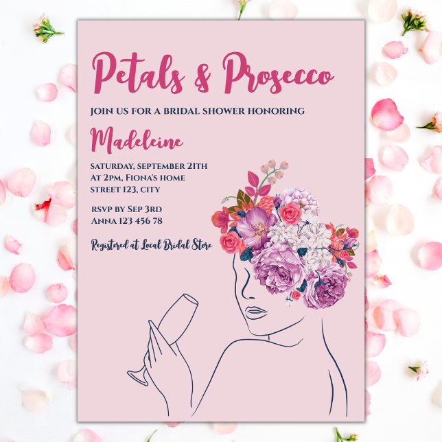 Möhippa för Blommigt av Petals och Proseccos Rosa Inbjudningar (petals and prosecco bridal showerinvitation blush floral wreath woman silhouette)