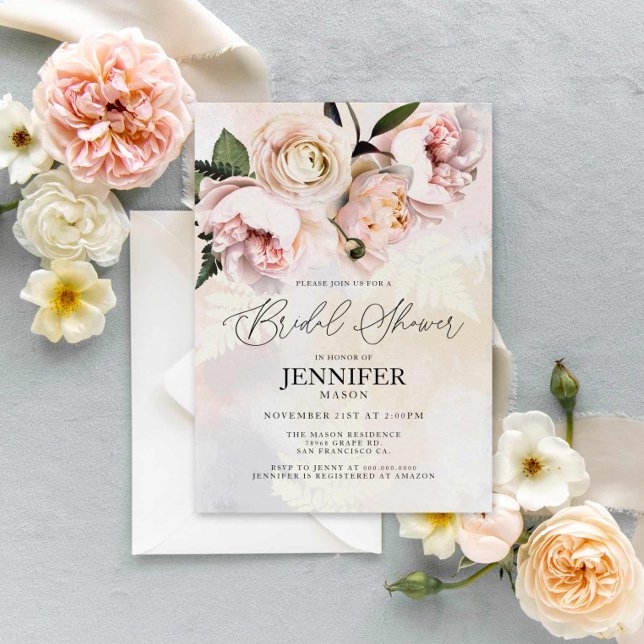 Möhippa för Blommigt av  Rosa för elegant Inbjudningar (Blush Floral Bridal Shower Invitation)