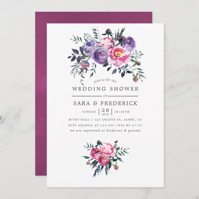 Möhippa för Blommigt av Rosa och  av vattenfärg Inbjudningar (Fram/baksida)