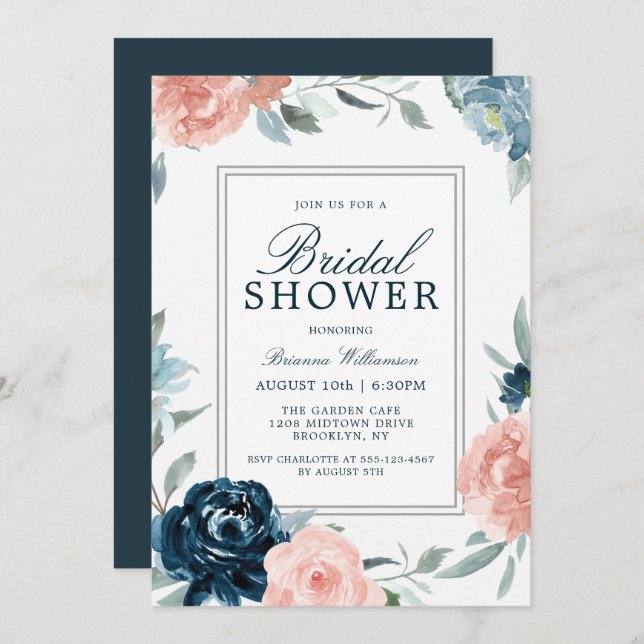 Möhippa för Blommigt av rosa och blå vattenfärg Inbjudningar (Fram/baksida)