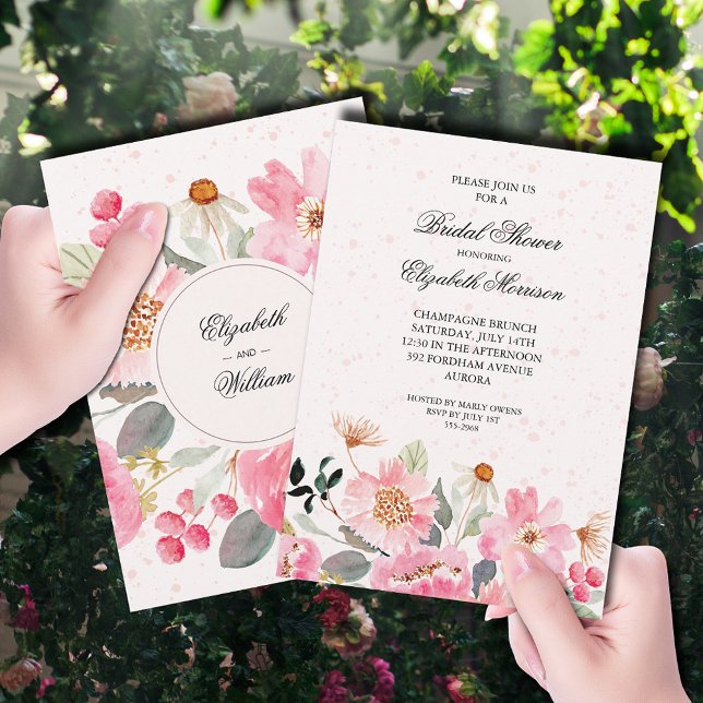 Möhippa för Blommigt av rosa vattenfärg Inbjudningar (Watercolor pink garden flowers bridal shower invitations)
