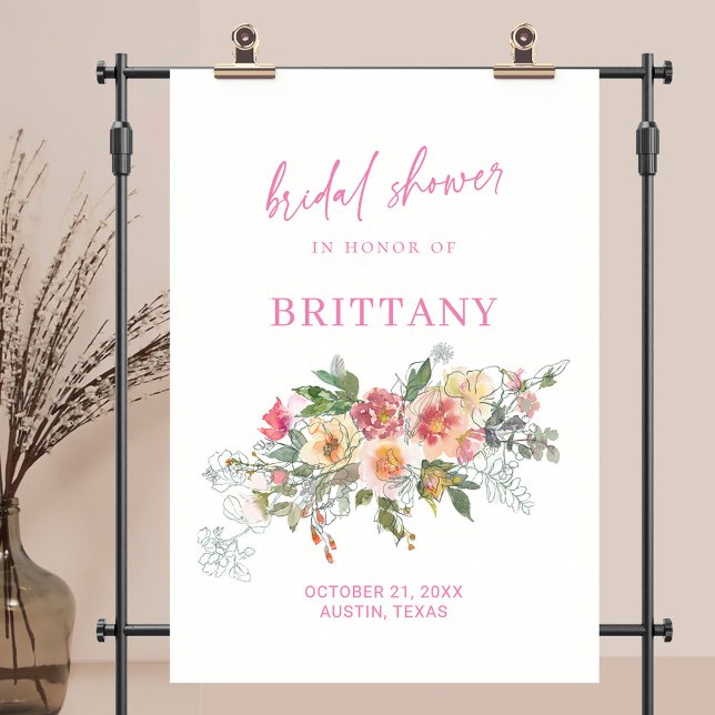 Möhippa för Blommigt av  Rosa - vattenfärg - välko Poster (Blush Pink Watercolor Floral Bridal Shower Welcome Poster)