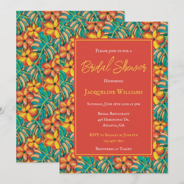 Möhippa för Blommigt av tropisk Orange och Gult Inbjudningar (Fram/baksida)