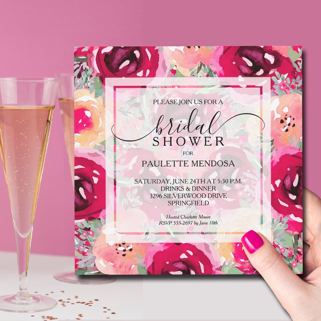 Möhippa för Blommigt av vattenfärg i elegant Inbjudningar (Bright pink and cream floral bridal shower 5.25" square invitations - INSTANT DOWNLOAD & PRINTED)