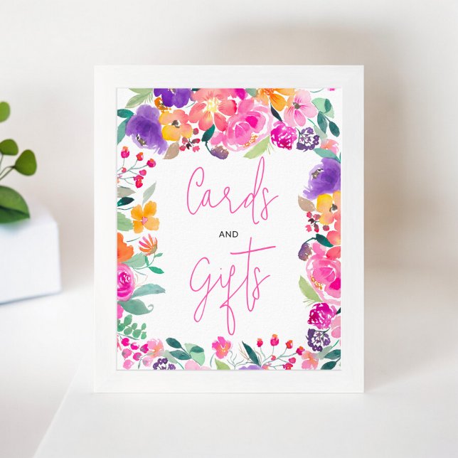 Möhippa för blommigt av vattenfärg i fet rosa poster (Bold pink floral watercolor bridal shower sign)