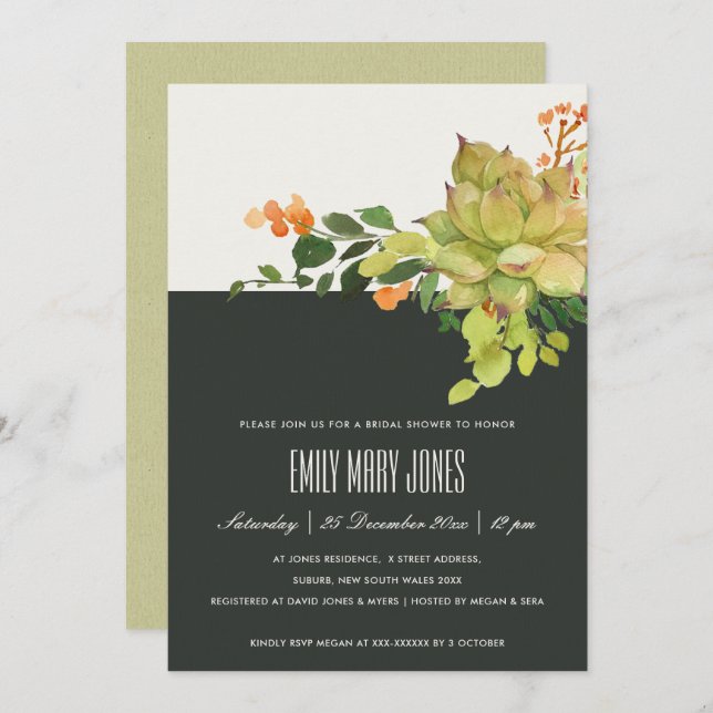 Möhippa FÖR BLOMMIGT AV VATTENFÄRG MED SUCCULENT K Inbjudningar (Fram/baksida)