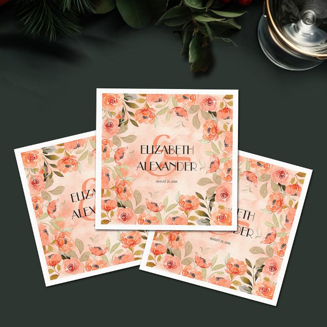 Möhippa för Blommigt av vattenfärgsOrange Pappersservett (Watercolor Orange Floral Cocktail Napkins)