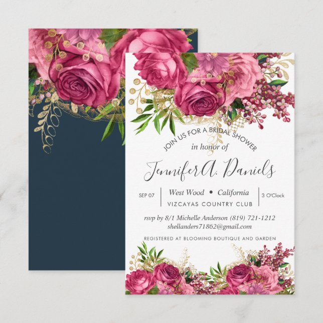 Möhippa för Blommigt av vit Rosa vattenfärg Inbjudningar (Fram/baksida)