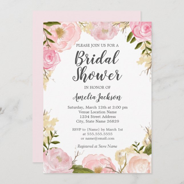 Möhippa för blommigt för vattenfärg för rosarodnad inbjudningar (Fram/baksida)