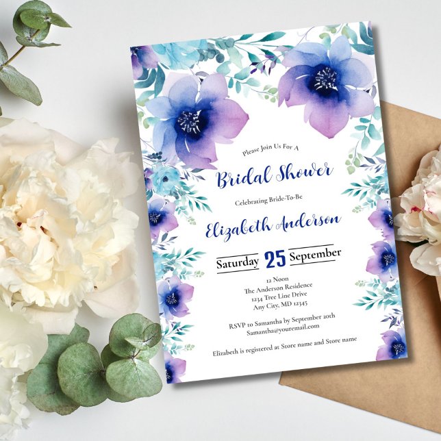 Möhippa för Blommigtar med blå Lila vattenfärg Inbjudningar (Blue Purple Watercolor Floral Bridal Shower invitation)