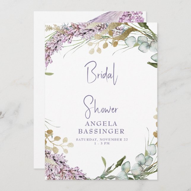 Möhippa för Blommigten elegant vattenfärg Lavender Inbjudningar (Fram/baksida)