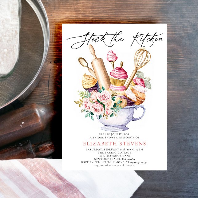 Möhippa för Blommigten lagrar Kitchen Baking Ro Inbjudningar (stock the kitchen baking cooking bridal shower invitation roses tools bouquet watercolor pink)