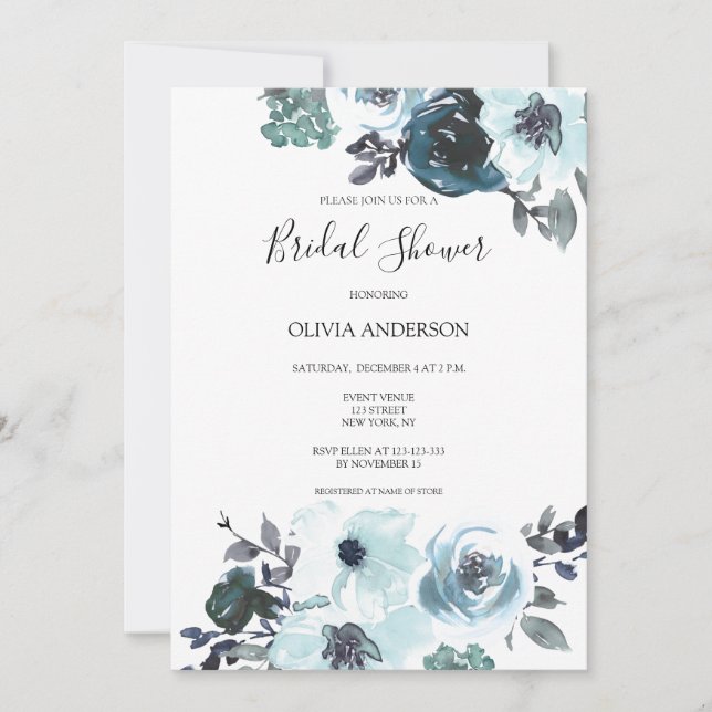 Möhippa för Blommigten  med elegant blå vattenfärg Inbjudningar (Framsida)