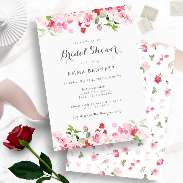 Möhippa för Blommigten Röd Rosa Inbjudningar (Watercolor Red and Pink Floral Bridal Shower Invitations)