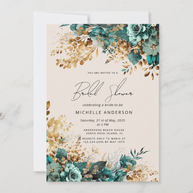 Möhippa för Blommigten Teal Guld Inbjudningar (Framsida)